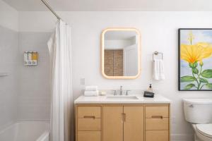 a bathroom with a sink and a mirror at Luxury Downtown 2 Bedroom Flat in Neenah