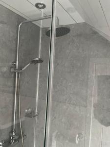 a shower with a glass door in a bathroom at Meadow Cottage in Crieff