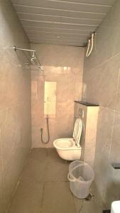 a bathroom with a toilet and a bucket in it at Antilia Inn in Badami +17 photos