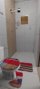 a bathroom with a shower with a toilet and a rug at Kitnet na Imbiribeira in Recife