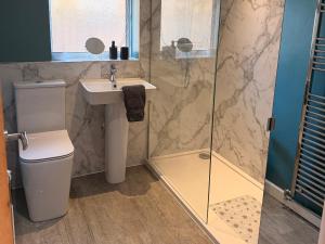 a bathroom with a toilet and a sink and a shower at Honeybees Haven in Hunstanton +32 photos