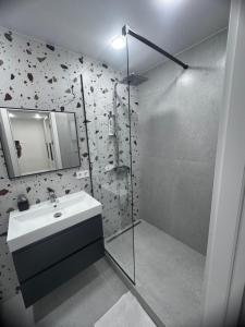 a bathroom with a sink and a shower at NOI-Apartment in Căuşeni +18 photos