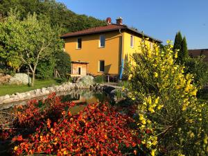 a house and a pond with flowers in front of it at Garden Rooms near Munich in Althegnenberg