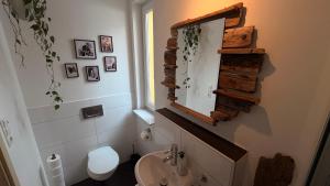 a bathroom with a sink and a toilet and a mirror at Garden Rooms near Munich in Althegnenberg