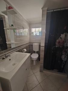 a bathroom with a white sink and a toilet at Maja Anna Vendégház in Bogács +14 photos