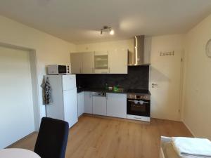 a kitchen with white appliances and a wooden floor at Wohnung Werratal Blick in Dankmarshausen