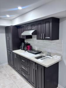 a kitchen with black cabinets and a sink at Bernie's Basement in Milton