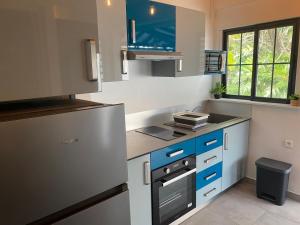 a kitchen with blue cabinets and a stainless steel refrigerator at Gîte T2 cosy indépendant tout confort in Vieux-Fort