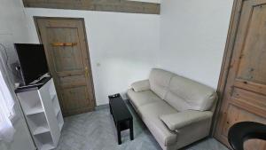 a living room with a couch and a television at Appartement paisible in Saint-Cyprien