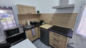 a small kitchen with a stove and a sink at Appartement paisible in Saint-Cyprien
