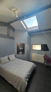 a bedroom with a bed and a skylight at Appartement paisible in Saint-Cyprien