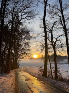 a snowy road with the sunset in the background at Scheune am Bio-Bauernhof in Sankt Georgen bei Salzburg