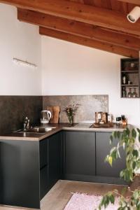 a kitchen with black cabinets and a sink at Scheune am Bio-Bauernhof in Sankt Georgen bei Salzburg