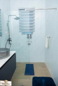 a bathroom with a shower with a blue rug at Phokera Homes in Lilongwe +35 photos