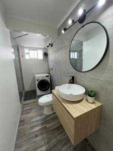 a bathroom with a sink and a toilet and a mirror at Agradable y Acogedora Casa Moderna en Puerto Varas in Puerto Varas +17 photos