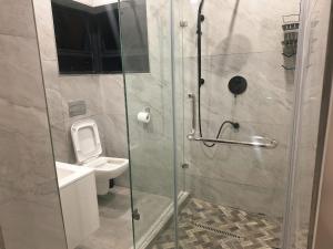 a bathroom with a shower with a toilet and a sink at Makupula Apartments in Lusaka +7 photos