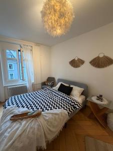 a bedroom with a large bed and a chandelier at Central Cozy Rooms in Zurich