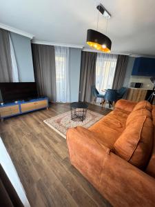 a living room with a brown couch and a television at Avenue Aparthotel in Sofia
