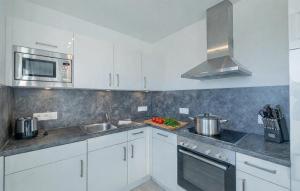a kitchen with white cabinets and silver appliances at Mein Herzensort in Olpenitz