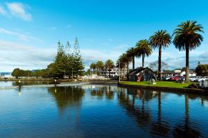 a large body of water with palm trees and a house at Kupe Retreat free wifi free parking two rooms ensuite bathroom for both in Whitianga