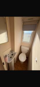 a small bathroom with a toilet and a sink at J&A Caravan in Rhyl +9 photos