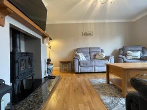 a living room with two chairs and a stove at Erne View Lodge in Lisnaskea