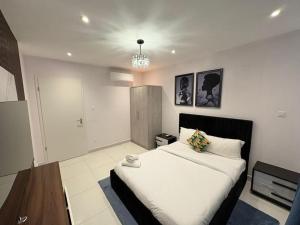 a bedroom with a bed and a chandelier at Chameleon Luxury Apartment in Trofwi