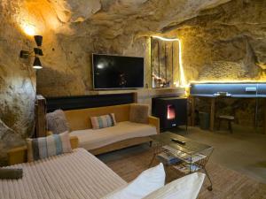 a living room with a couch and a tv in a cave at La Grotte du Moulin in Noyers-sur-Cher