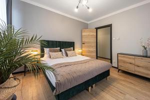a bedroom with a bed and a potted plant at SECOND HOME Lubawa - 3 pokoje, 5 łóżek, Netflix i Max, parking, winda in Lubawa
