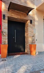 a large black door in a building with two plants at En Armonía in Tinogasta