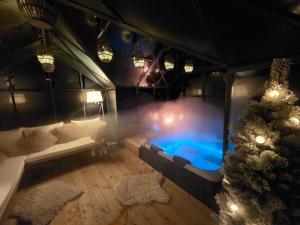 an image of a room with a fireplace and a christmas tree at Le Tunnel du Moulin in Noyers-sur-Cher