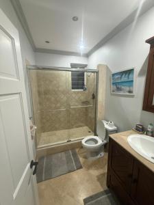 a bathroom with a shower and a toilet and a sink at Mullins Bayfield Gardens House in Saint Peter +11 photos