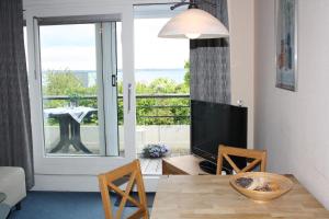 a living room with a television and a view of a balcony at Ferienwohnung Bockholm Appartement 1 - 8 in Glücksburg