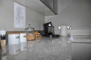 a kitchen counter with a coffee maker and paper towels at Parnwell Villa Apartment - The Tropical Oasis in Tauranga