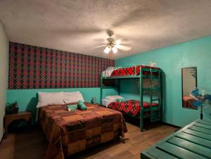 a bedroom with two bunk beds and a ceiling fan at Hierba De Conejo Hostel in Oaxaca City