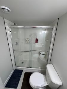 a small bathroom with a toilet and a shower at Alake Villa in Saskatoon