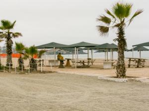 a person standing on a beach with tables and umbrellas at Apartment with Beach Exit 204 in Punta Negra