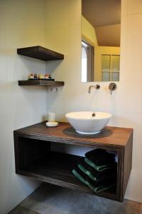 ein Badezimmer mit einer Theke mit einem Waschbecken und einem Spiegel in der Unterkunft B&B de Taller-Hoeve in Maasmechelen