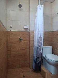 a bathroom with a shower with a toilet and a shower curtain at Hospedaje AMAPI - San José in El Carmen