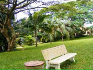 a white bench in a park with palm trees at The Estuary Guest Chalets in St Lucia +5 photos
