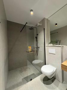 a bathroom with a toilet and a glass shower at Apartment Delux in Posušje +27 photos