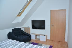 a bedroom with a bed and a chair and a television at Apartmá Kateřina Velké Losiny in Velké Losiny