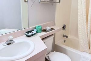 a bathroom with a sink and a toilet and a mirror at Coratel Inn & Suites by Jasper Hastings in Hastings