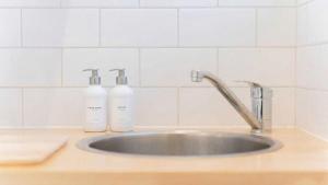 two bottles of soap are sitting next to a sink at Nouvelle Studio in Epsom