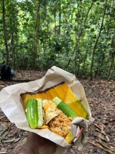 a person holding a box of food with pickles at Sumatra Orangutan Tours Orangutan Trekking with Airport Pick Up Drop Off and Accommodation Trekking Required for All Bookings in Bukit Lawang