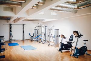 un gimnasio con cintas de correr y equipos de ejercicio. en Ostseehotel Dierhagen en Dierhagen