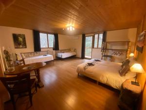 a bedroom with a bed and a table in a room at Pyrenées Emotions, Eco-responsables, Nature, Sports Aventures in Malvézie