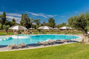 a swimming pool with chairs and umbrellas at Hotel Marana in Golfo Aranci