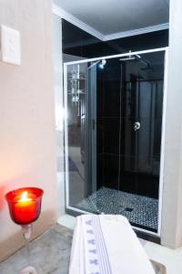 a bathroom with a glass shower with a candle in it at Red olive guesthouse in Parys +25 photos