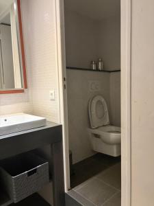 a bathroom with a white toilet and a sink at Confort Taillans in Donzère